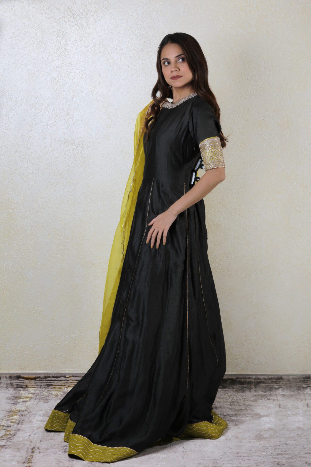 Gray gown with contrast yellow green dupatta