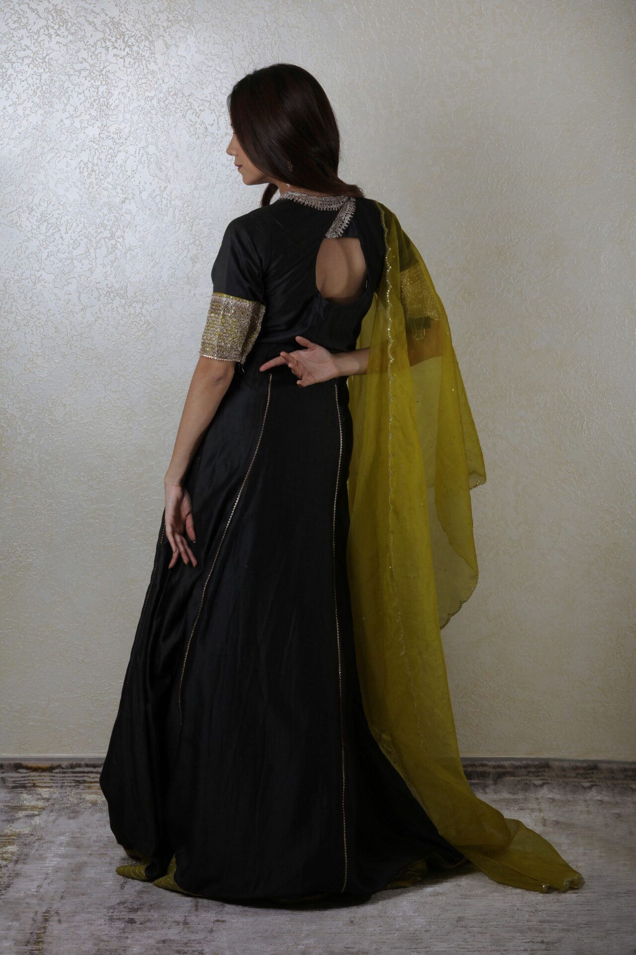 Gray gown with contrast yellow green dupatta