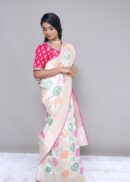 White with multicolour print silk saree