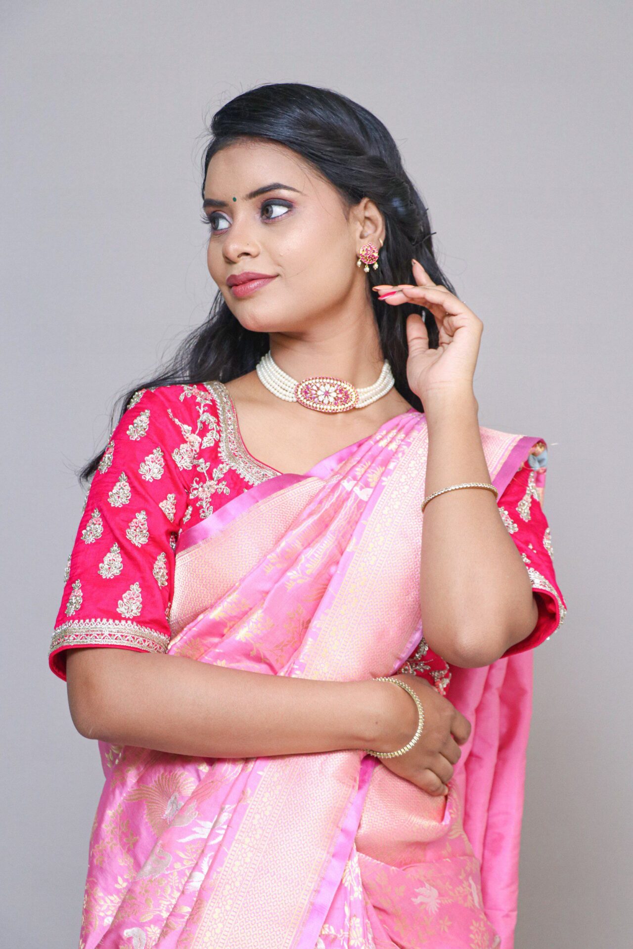 Baby pink banarasi silk saree