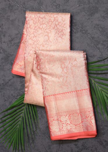 Pop Coral Pink Color Tissue Kanjivaram Saree