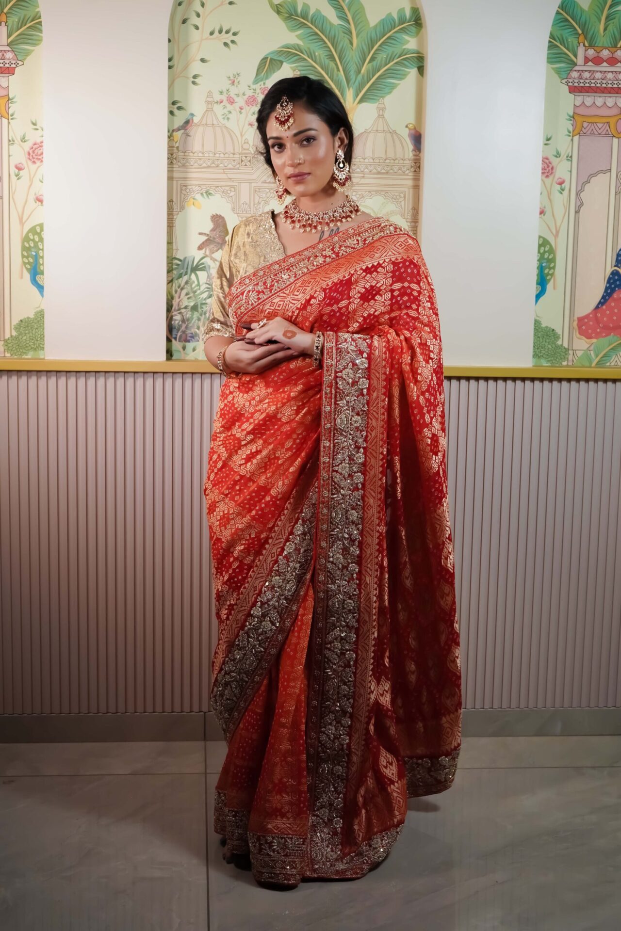 Red-Orange Bandhani Saree