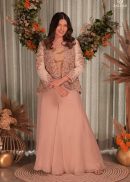 A completely embroidered heavy jacket set with organza palazzos and  textured top