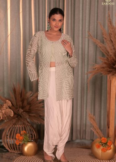 pearl, sequence and cutdana  A dupion silk dhoti and crop top with embroidered