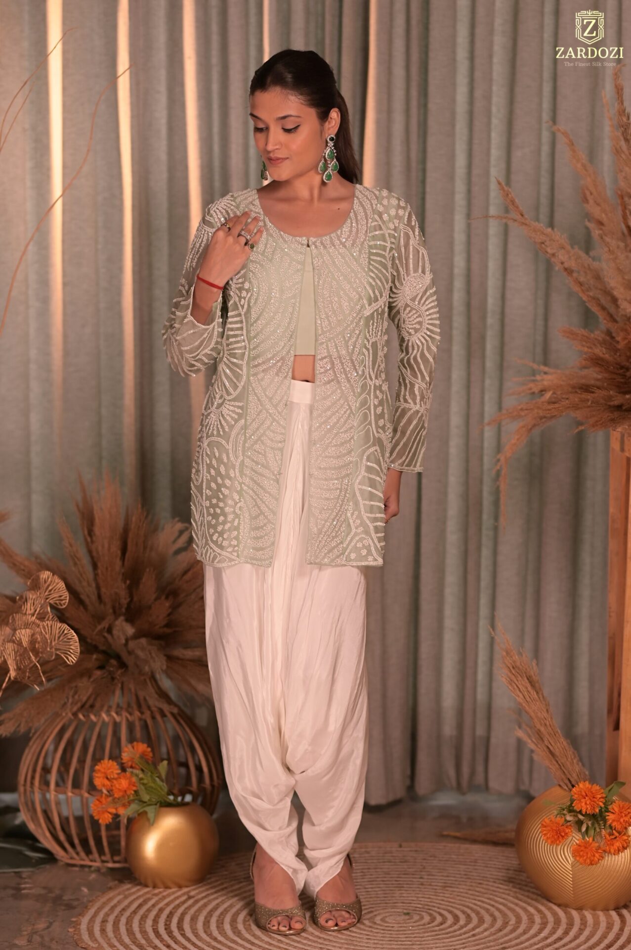 pearl, sequence and cutdana A dupion silk dhoti and crop top with embroidered