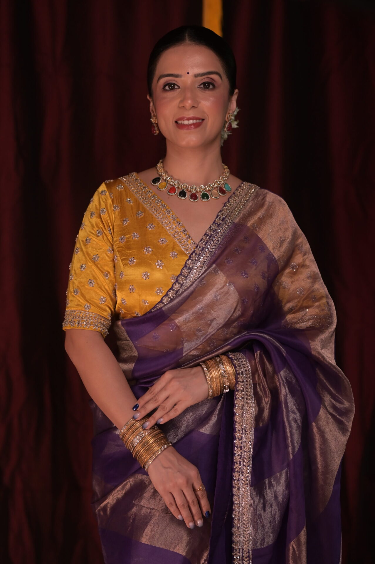 Purple-Gold Tissue Saree with Satin Yellow Blouse