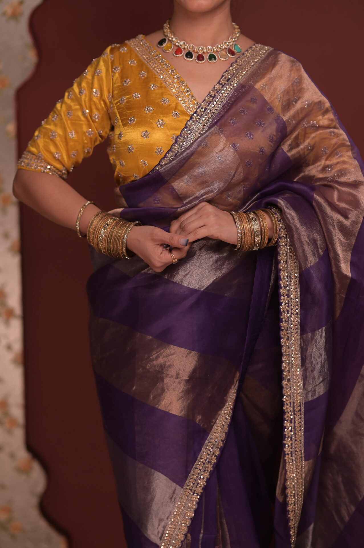 Purple-Gold Tissue Saree with Satin Yellow Blouse