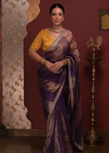 Purple-Gold Tissue Saree with Satin Yellow Blouse