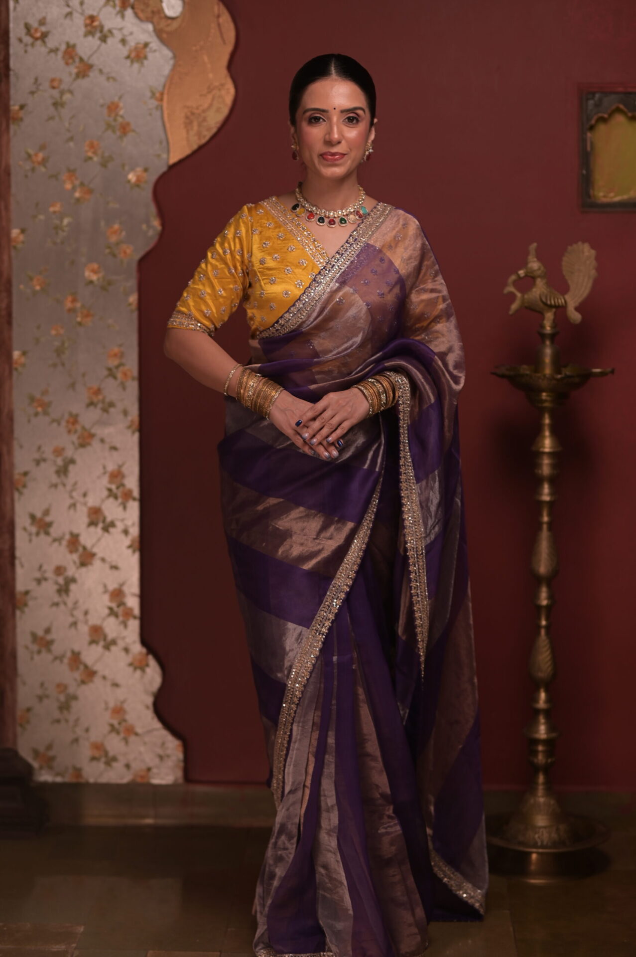 Purple-Gold Tissue Saree with Satin Yellow Blouse