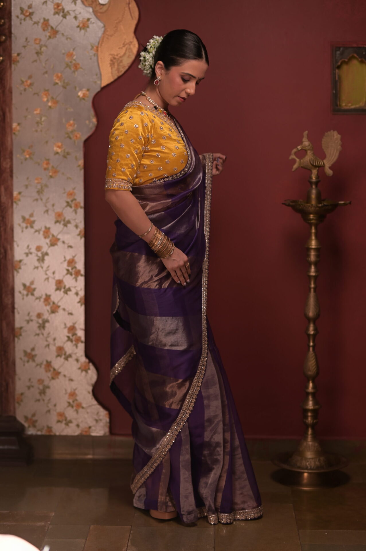 Purple-Gold Tissue Saree with Satin Yellow Blouse