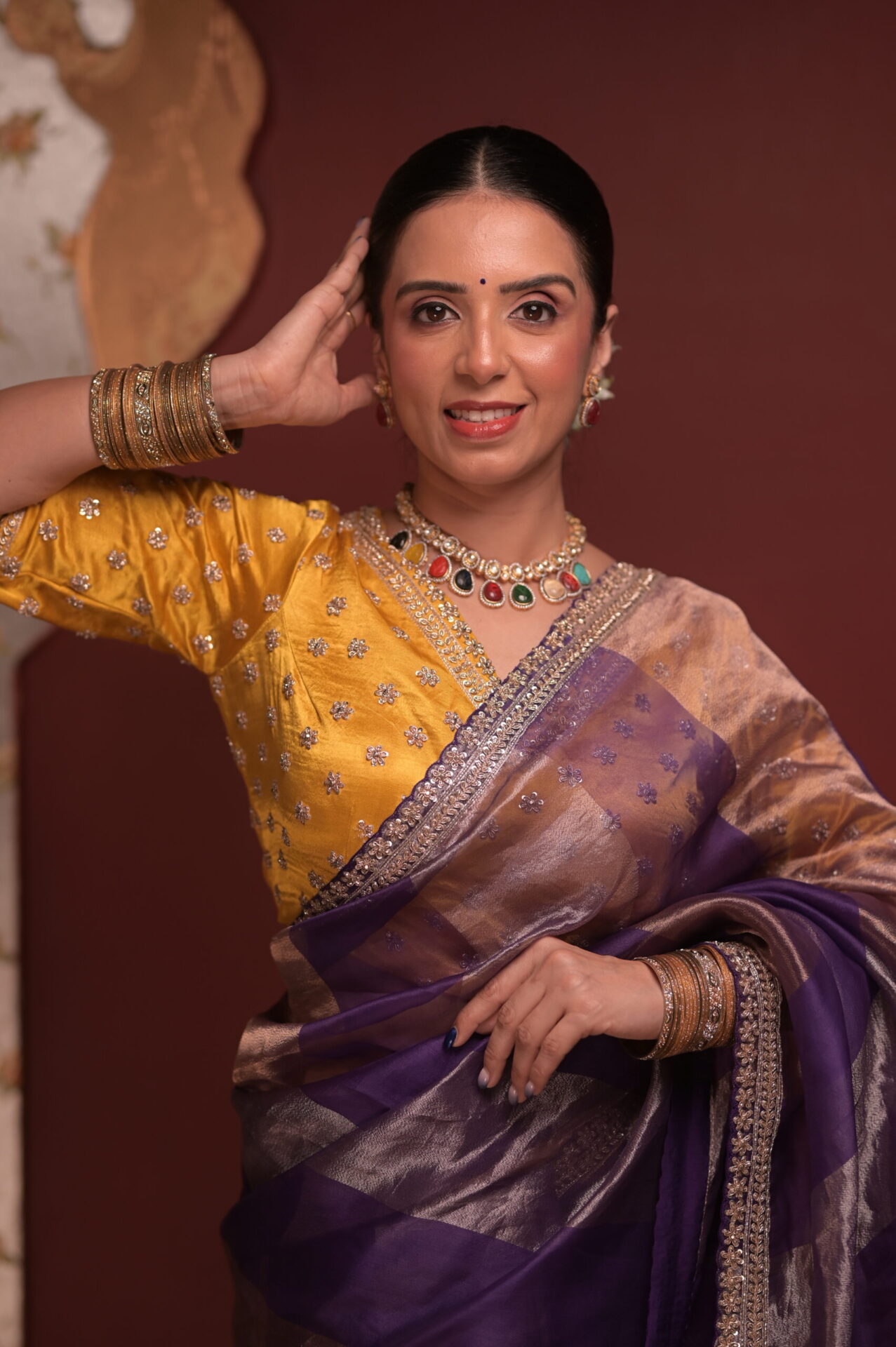 Purple-Gold Tissue Saree with Satin Yellow Blouse