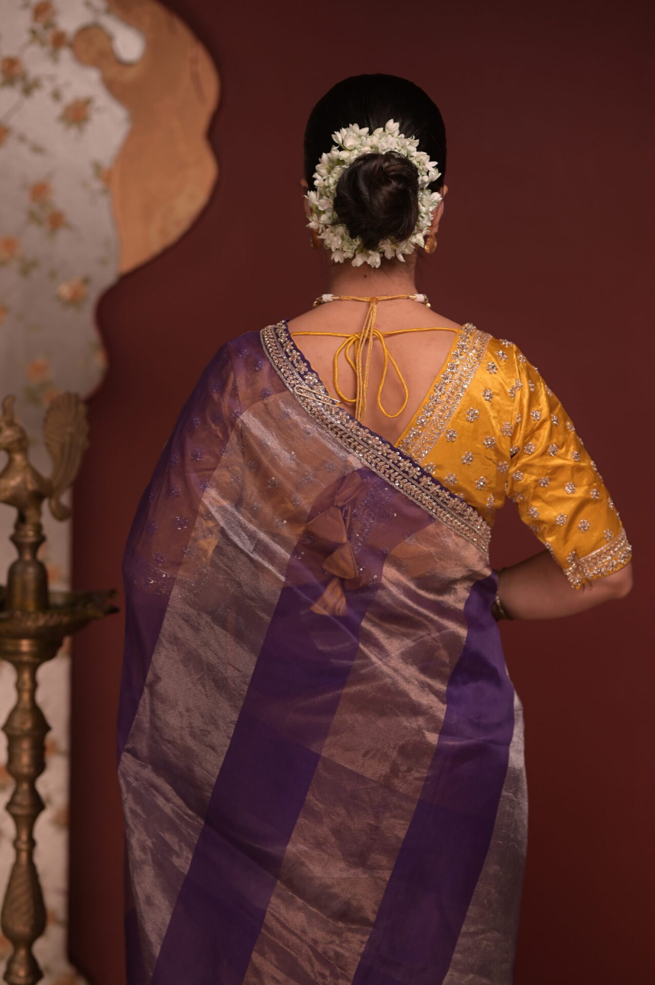 Purple-Gold Tissue Saree with Satin Yellow Blouse