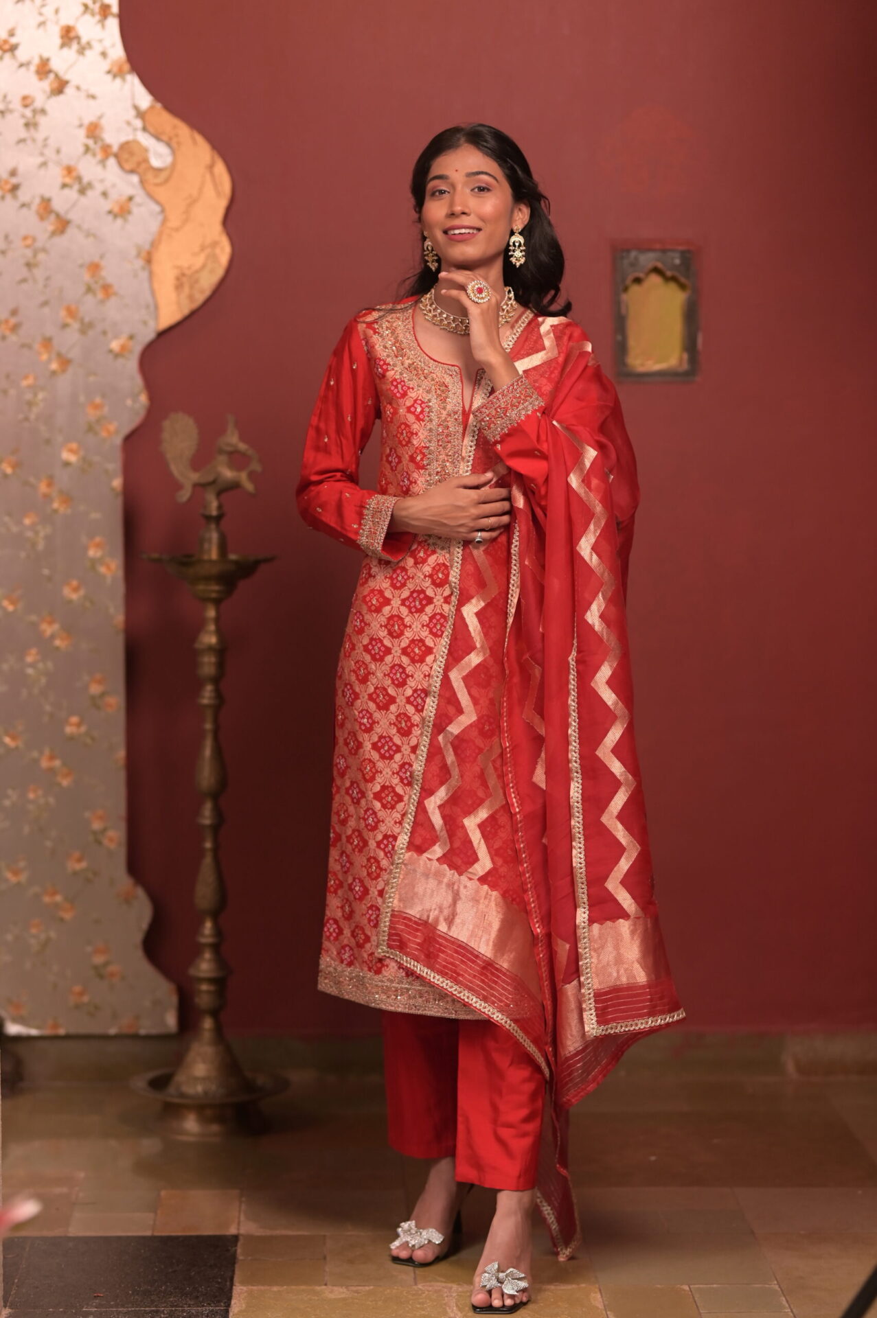 Red Gajji Silk Banarasi Bandhani Set with Zardozi