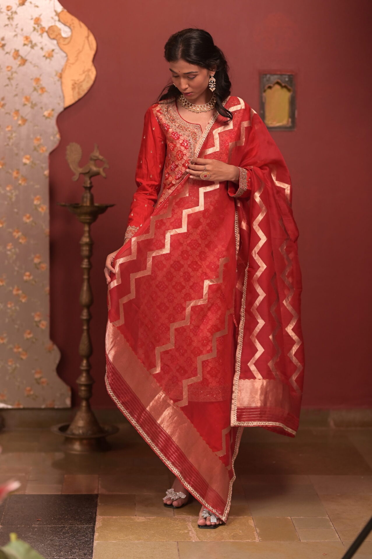 Red Gajji Silk Banarasi Bandhani Set with Zardozi