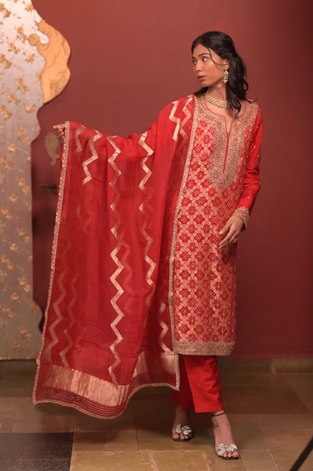 Red Gajji Silk Banarasi Bandhani Set with Zardozi