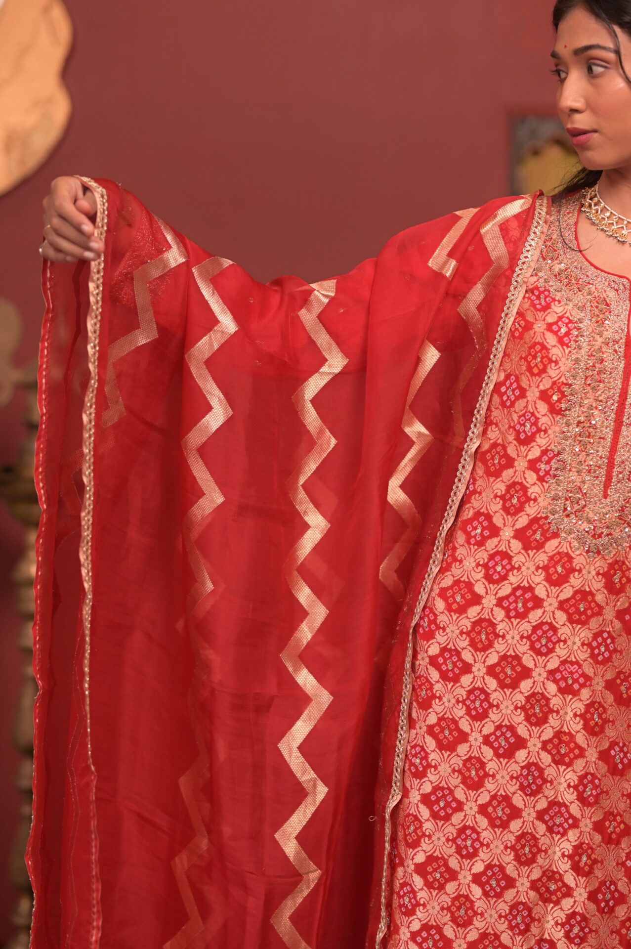 Red Gajji Silk Banarasi Bandhani Set with Zardozi