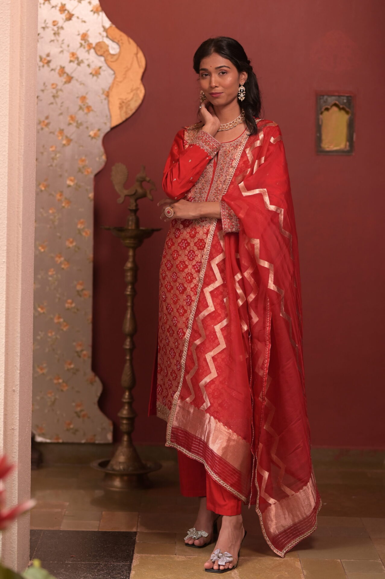 Red Gajji Silk Banarasi Bandhani Set with Zardozi