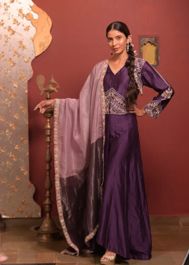 Royal Purple Silk Anarkali with Shimmer Tissue Dupatta
