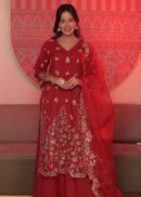 red colour embroidered 3 piece suit set in organza