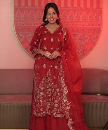 red colour embroidered 3 piece suit set in organza