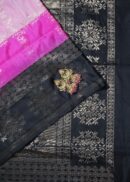 Soft silk saree with black contrast border and gold silver zari. Saree is in multicolor combination.