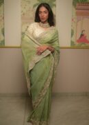 Sage Green Splendor A Crushed Organza Silk Saree with Exquisite Embroidery