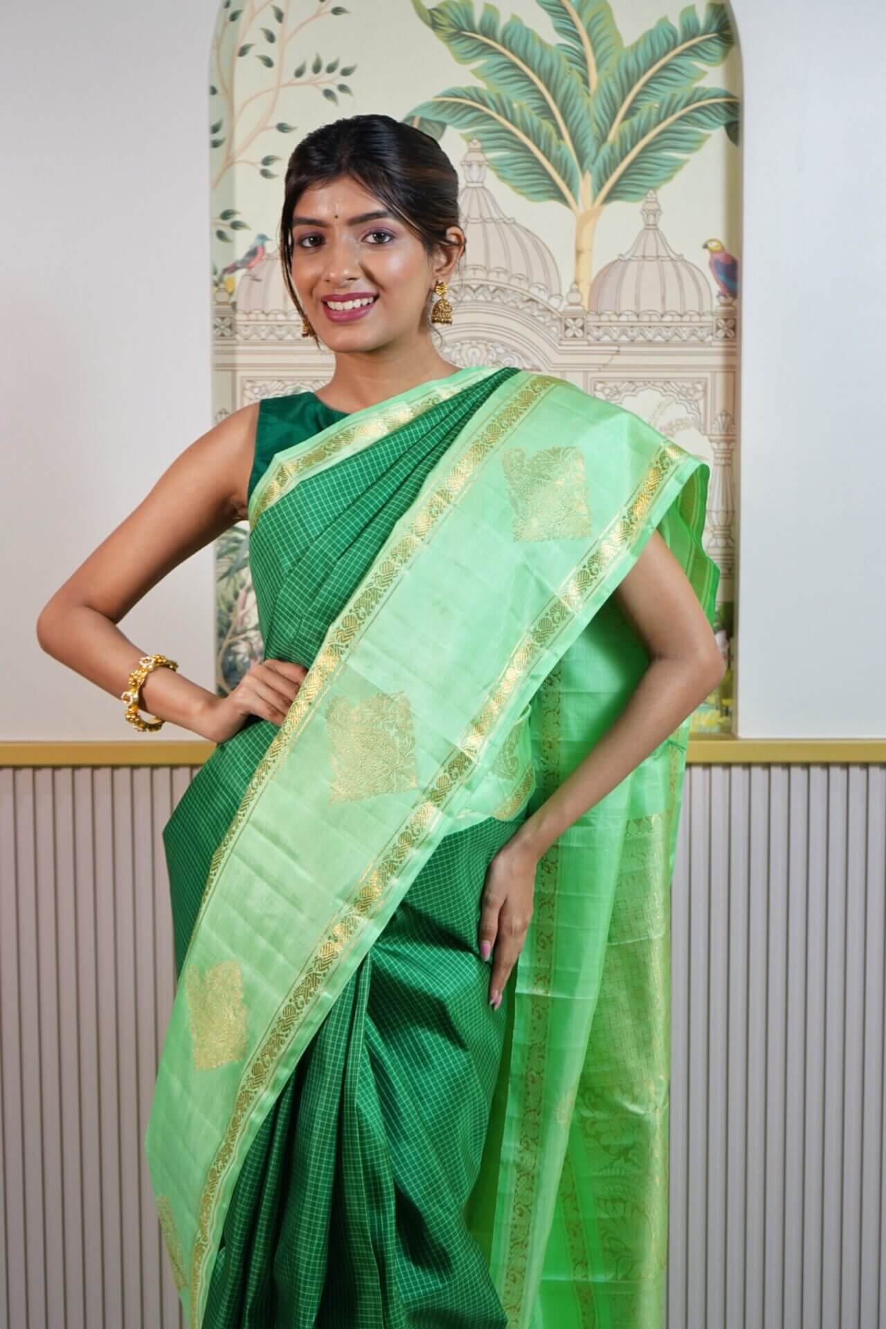 Bottle Green Checkered Kanjeevaram Saree