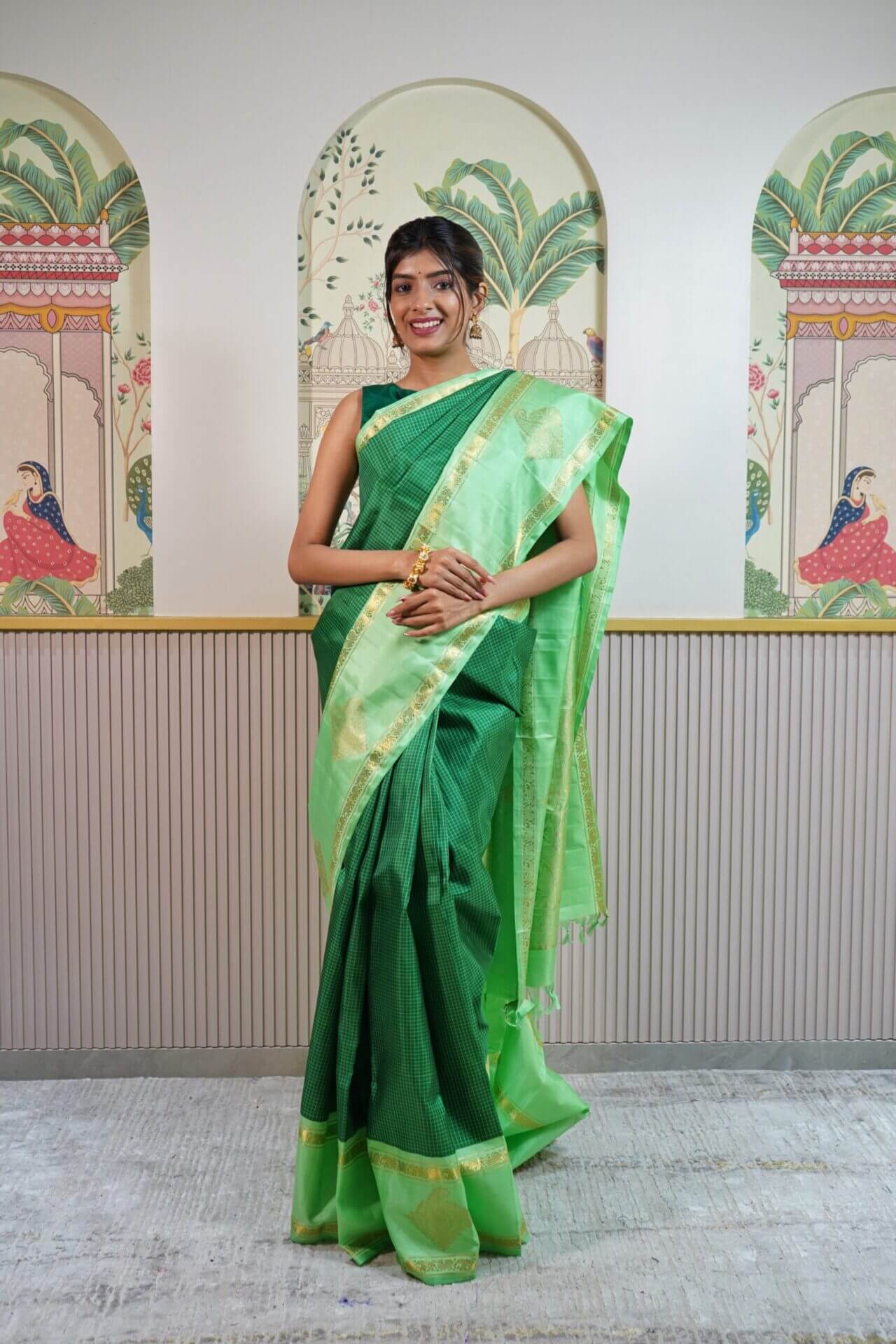 Bottle Green Checkered Kanjeevaram Saree
