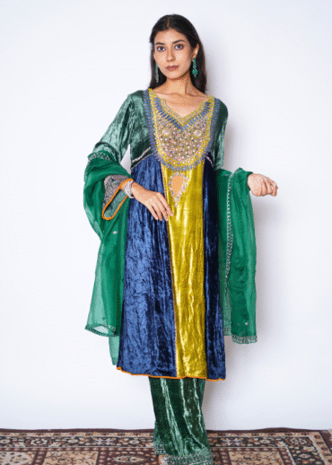 EMERALD GREEN SUEDE ANARKALI SUIT