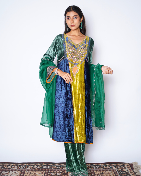 EMERALD GREEN SUEDE ANARKALI SUIT