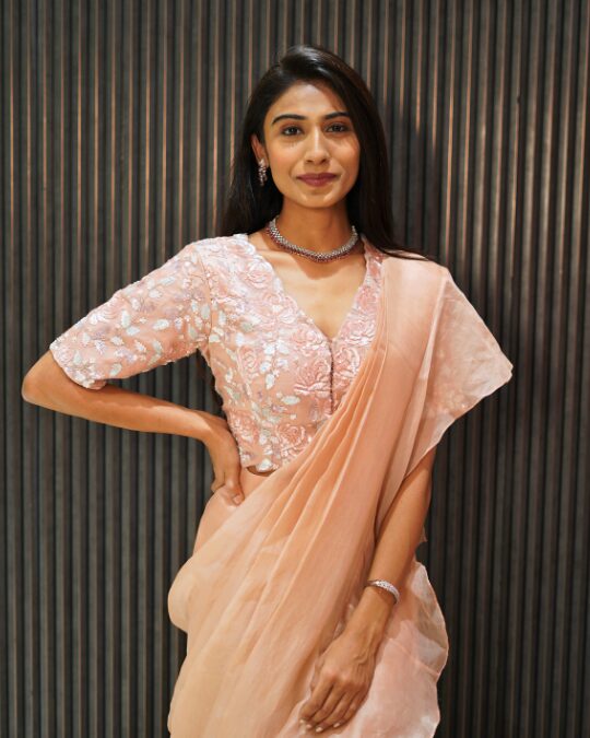 ROSE PINK RUFFLE DRAPE SAREE