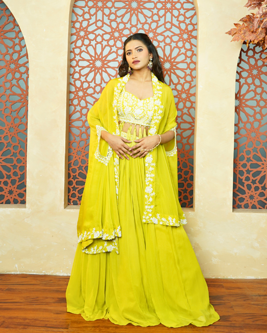 BRIGHT LEMON GREEN INDO WESTERN LEHENGA