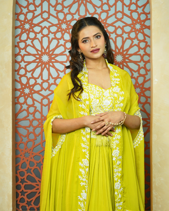 BRIGHT LEMON GREEN INDO WESTERN LEHENGA