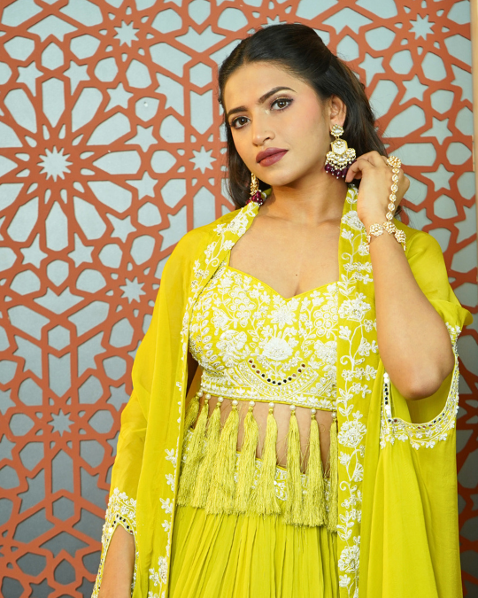 BRIGHT LEMON GREEN INDO WESTERN LEHENGA