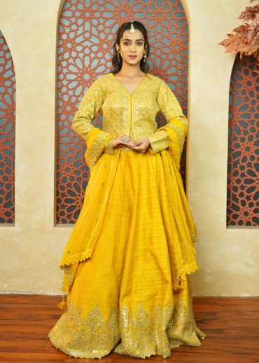SUNSHINE YELLOW INDOWESTERN LEHENGA SET
