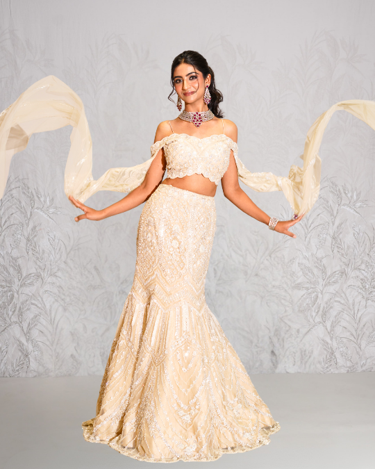 Ivory fishcut lehenga set