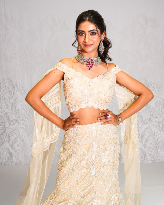 Ivory fishcut lehenga set