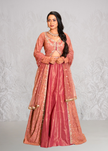 Carrot pink tissue anarkali set