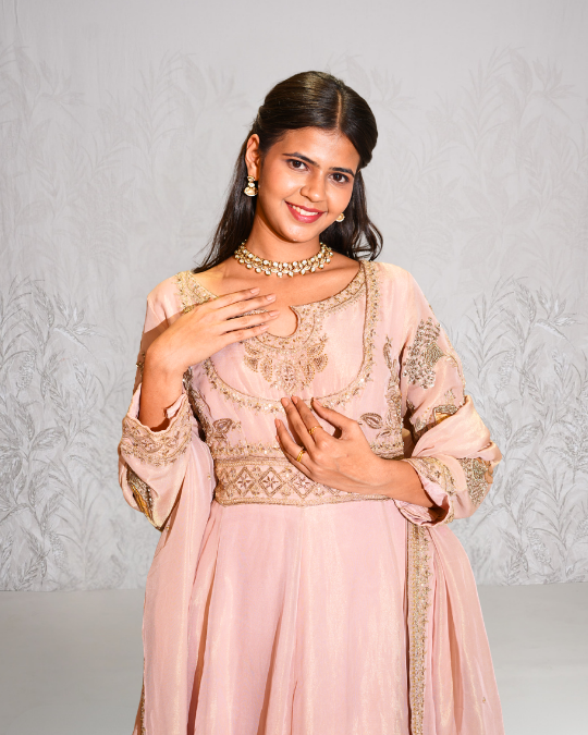 Onion pink tissue anarkali set