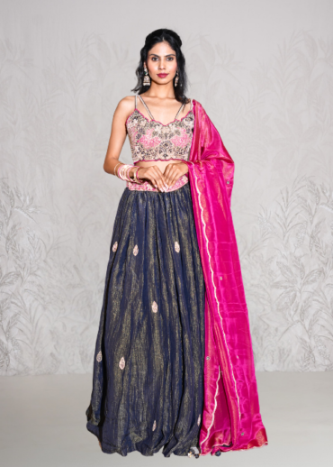 GREY TISSUE MULTICOLOUR LEHENGA SET