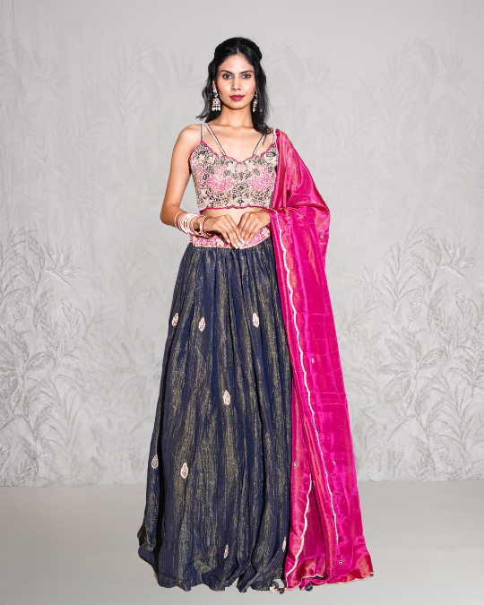 GREY TISSUE MULTICOLOUR LEHENGA SET