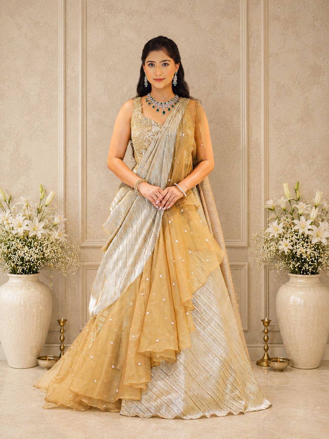 GOLDEN SEQUINED DRAPE LEHENGA